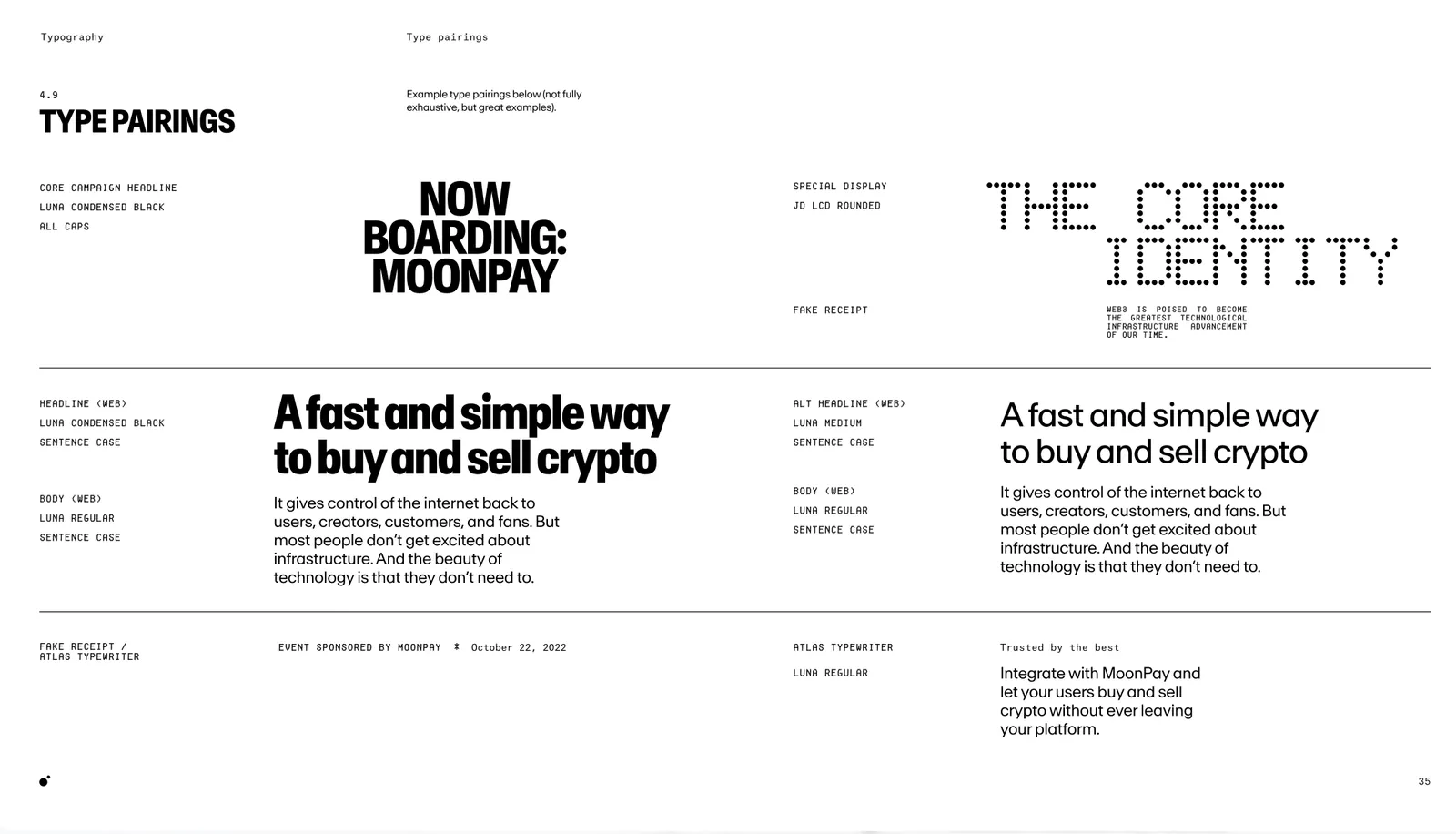 MoonPay brand guidelines, type pairings
